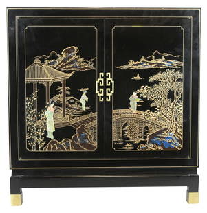 Vintage Asian Lacquered Cabinet with Mother-of-Pearl Inlay: This exquisite vintage lacquered cabinet features a striking hand-painted and inlaid design of an idyllic Asian landscape, complete with pagoda, arched bridge, and elegantly robed figures rendered in