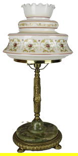 Vintage Gone with the Wind Style Table Lamp with Floral Glass Shade and Marble Base: This elegant vintage table lamp, styled after the iconic "Gone with the Wind" oil lamps, features a beautiful white glass shade and chimney adorned with delicate hand-painted rose motifs in red, yello