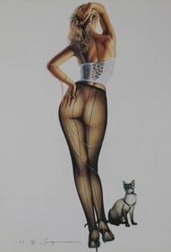 Hajime Sorayama Limited Edition Lithograph – "Fishnet & Cat", PP 5/10