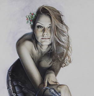 Hajime Sorayama Signed Lithograph – Woman with Whip: This striking 24 x 17 inch lithograph by acclaimed Japanese artist Hajime Sorayama showcases a glamorous woman clad in glossy black latex and stilettos, brandishing a whip with a confident, direct gaz