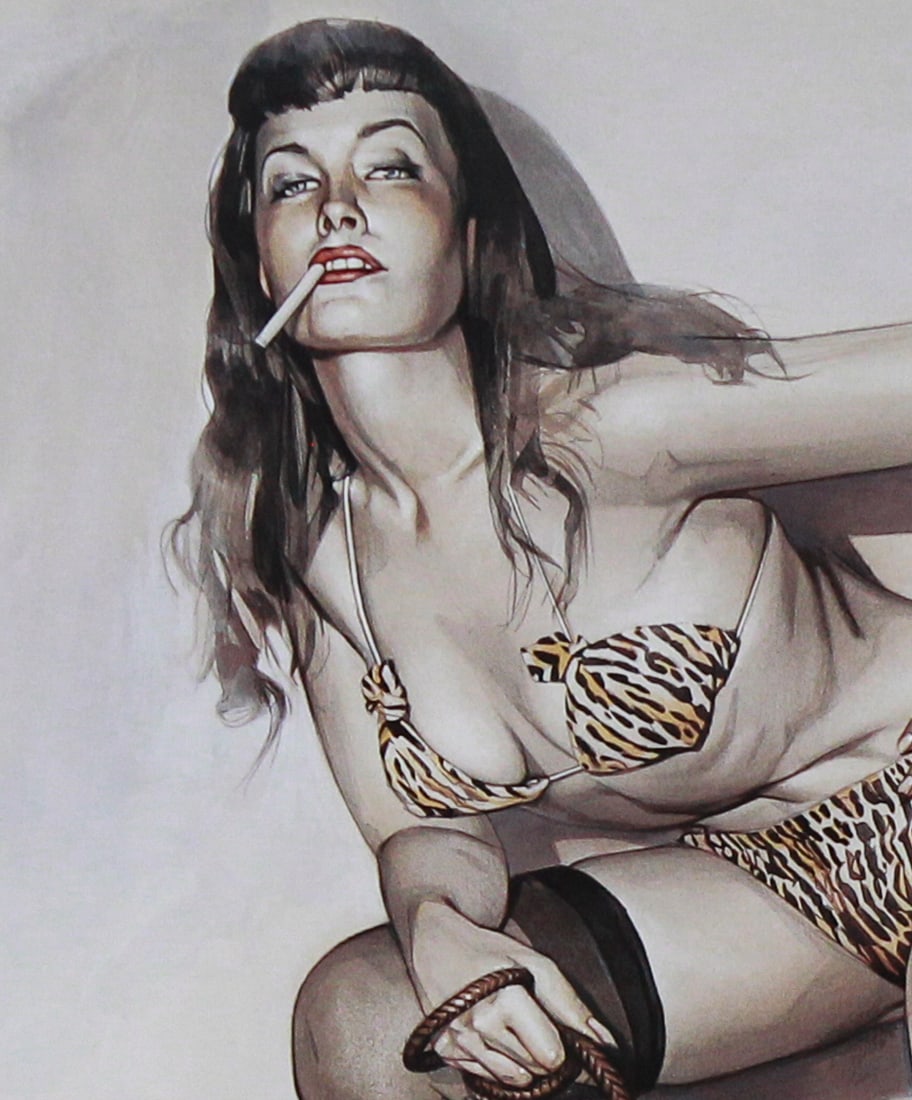 Hajime Sorayama Signed Erotic Lithograph – Edition 8/17: This limited edition erotic lithograph by Hajime Sorayama features a fierce and seductive female figure in leopard lingerie, dominantly posed beside a resting tiger. The work showcases Sorayama's sign