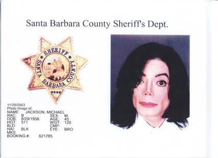 Michael Jackson Original 2003 Arrest Mugshot Photo (Starfile Agency): An authentic 8.5" x 11" photographic print of Michael Jackson’s 2003 arrest mugshot, issued by the Santa Barbara County Sheriff’s Department and distributed by the Starfile News Photo Agency. This