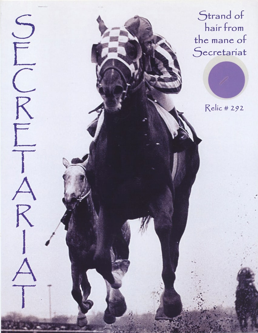 Strand of Secretariat's Mane – Framed Relic with Certificate: This collectible features an authenticated strand of mane hair from the legendary racehorse Secretariat, displayed on an 8.5" x 11" card with bold artwork and labeled as "Relic #292." Accompanied by a