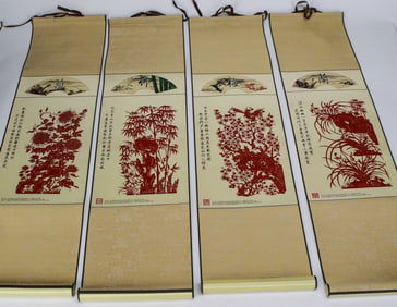 Chinese Four Gentlemen Scroll Set – Plum, Orchid, Bamboo, Chrysanthemum on Woven Silk