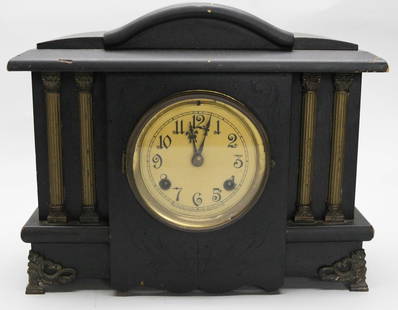 Antique Sessions Mantle Wind-Up Key Chime Clock in Wooden Case: This original antique Sessions mantle clock features a beautifully carved wooden case with decorative metal feet, four Corinthian-style columns, and a domed top, all indicative of early 20th-century A