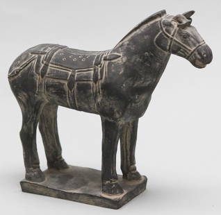 Vintage Chinese Terracotta Horse Sculpture: A vintage Chinese terracotta horse sculpture, finely detailed in dark clay with traditional saddle and harness motifs. The horse stands on a rectangular base and evokes the form and character of Tang