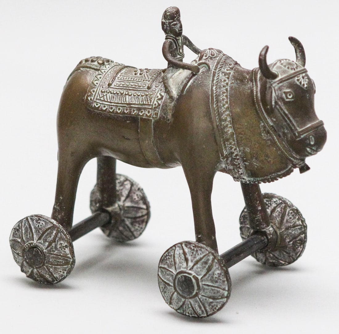 Antique Indian Brass Ox Rider Wheel Toy (1 of 3)