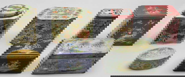 Set of 7 Vintage Decorative Tin Boxes: Charming and eclectic collection of seven vintage tin boxes, each featuring unique and colorful lithographed designs ranging from floral and pastoral scenes to Orientalist and whimsical cat motifs.