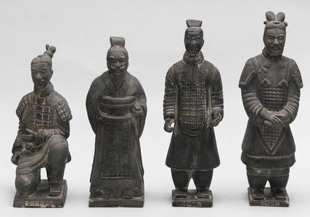 Set of 4 Chinese Terracotta Military Figures: This set includes four Chinese terracotta military figures, each representing a distinct soldier from the famed Terracotta Army of Xi’an. Cast in dark earthen tones and finished with textured