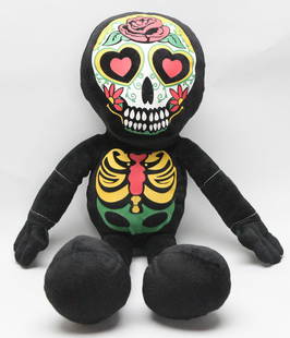 Fiesta Toys Día de los Muertos Plush Figure: This vibrant Fiesta Toys Día de los Muertos plush figure measures approximately 26 inches tall and features a colorful calavera (sugar skull) face design with heart eyes, floral accents, and