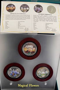 2012 Niue “Magical Flowers - Irises” 3-Coin Silver Proof Set: This beautifully presented 2012 “Magical Flowers – Irises” 3-coin silver proof set from Niue includes Iris Barbata, Iris Florentina, and Iris Siberica, each struck in .925 silver by the