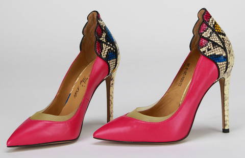 By Lili Couture Magenta Nappa / Python Embossed Leather Swarovski Stiletto Shoe Pumps, Size 38: These exquisite By Lili Couture pumps combine luxurious magenta premium organic Nappa leather with striking multicolor python-embossed leather accents, creating a bold yet elegant silhouette.