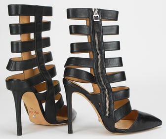 By Lili Couture Black Nappa Leather Strappy Gladiator Stiletto Shoe Booties, Size 38