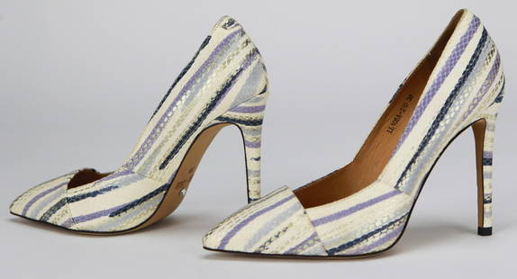 By Lili Couture Metallic Gold, Ivory & Gray Striped Designer Leather Stiletto Shoe Pumps, Size 38: These elegant By Lili Couture pumps are crafted from luxurious hand-dyed designer metallic leather in shimmering gold, ivory, and gray tones with a subtle striped python-textured finish. Featuring a