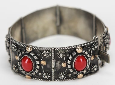 Vintage Red Stone, 18K Gold & Sterling Silver Bracelet