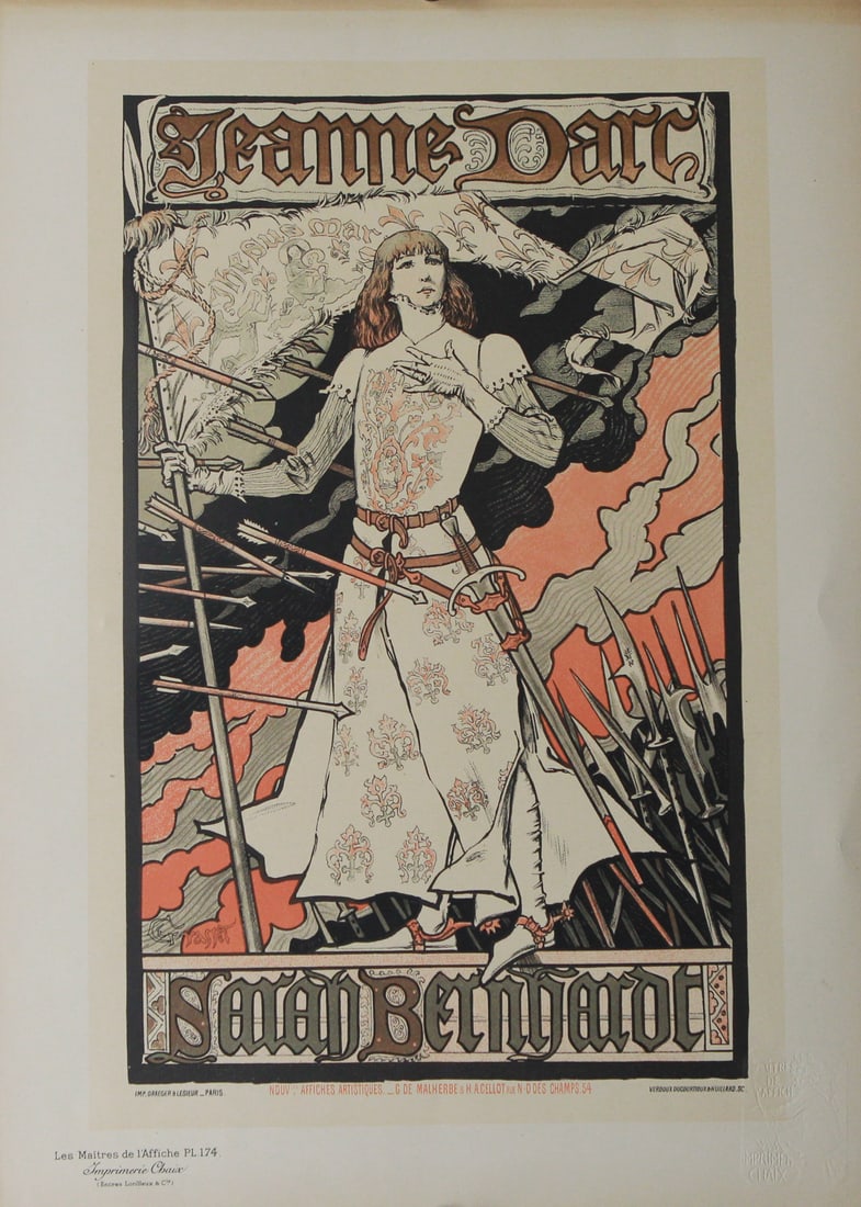 Les Maîtres de l’Affiche – “Jeanne d’Arc, Sarah Bernhardt” by Eugène Grasset, 1894: Original lithograph from the Les Maîtres de l’Affiche series (Plate 174), printed by Imprimerie Chaix, Paris. Designed by celebrated Art Nouveau artist Eugène Grasset in 1894, this striking poster
