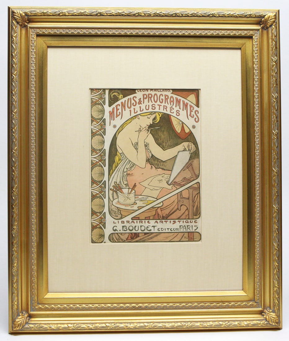 Alphonse Mucha – Menus & Programmes Illustrés (1898), Lithograph Cover: Original 1898 lithograph cover designed by Alphonse Mucha for Menus & Programmes Illustrés, published by Librairie Artistique, G. Boudet, Paris. A quintessential example of Mucha’s Art Nouveau styl