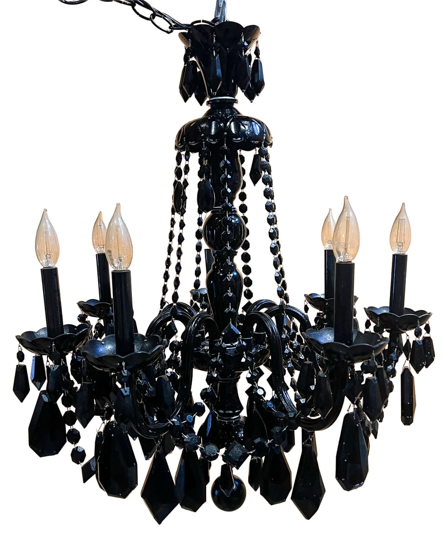 Schonbek Black Hand-Cut Crystal Chandelier with Swarovski Crystals: Elegant Schonbek chandelier featuring a striking black finish adorned with authentic hand-cut faceted black Swarovski crystal prisms and bead chains throughout. This luxurious fixture showcases