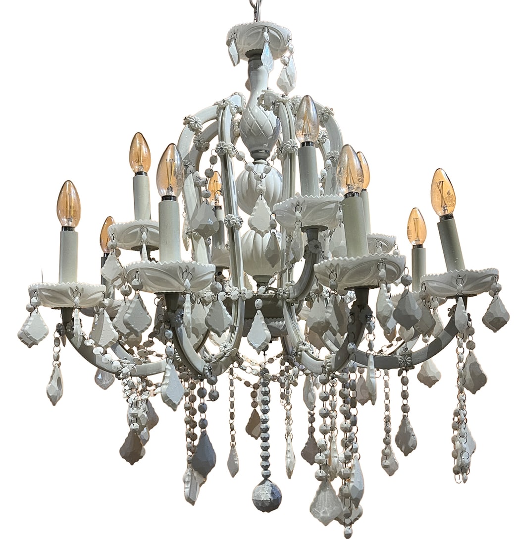 Schonbek White Hand-Cut Crystal Chandelier with Swarovski Crystals: Elegant Schonbek chandelier featuring a glossy white finish adorned with authentic hand-cut Swarovski crystal prisms, pendalogues, and crystal bead chains throughout. This luxurious fixture showcases