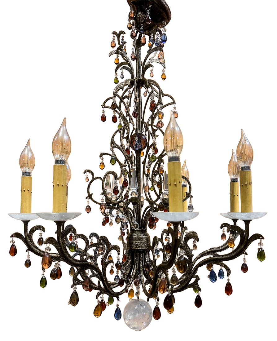 Schonbek Art Nouveau Style Chandelier with Multicolored Art Glass Drops: Elegant Schonbek chandelier featuring an antiqued bronze-tone finish with gracefully scrolling organic arms and an elaborate openwork center inspired by Art Nouveau botanical forms. The fixture is ado