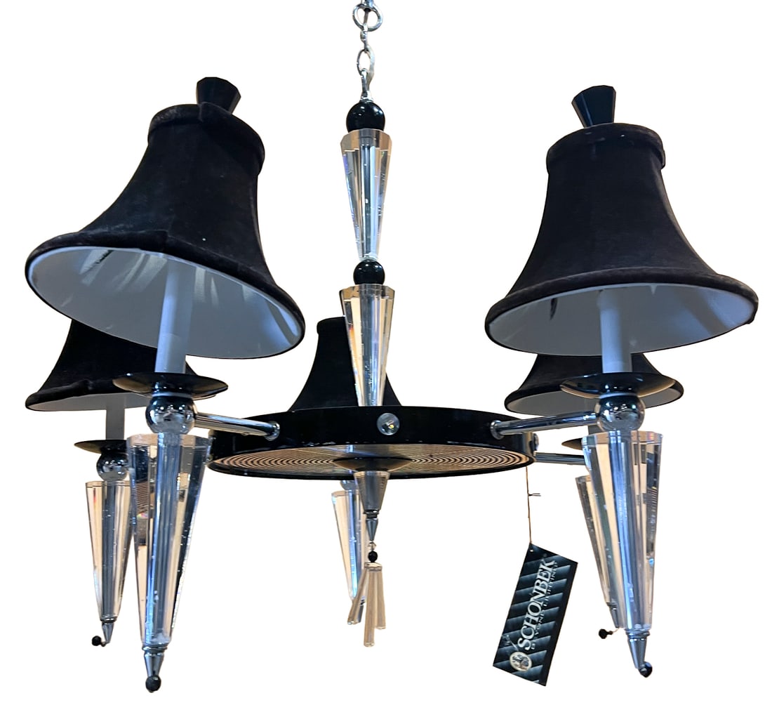 Schonbek "Diva" Crystal Chandelier with Black Shades: Elegant Schonbek Diva chandelier featuring a sophisticated contemporary design with sleek black lacquer accents, faceted crystal elements, and luxurious black fabric shades. The chandelier is adorned