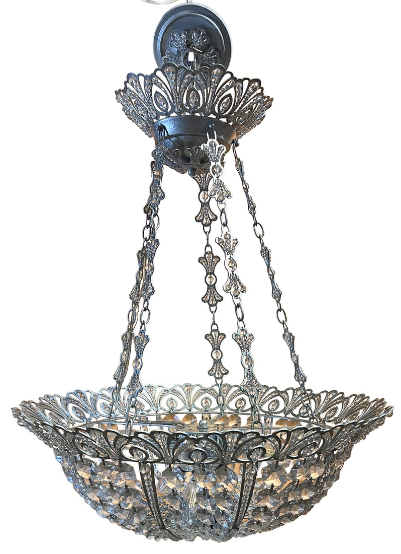 Schonbek "Tiara" Crystal Basket Chandelier: Elegant Schonbek "Tiara" crystal basket chandelier featuring an ornate dark bronze-finished metal frame with intricate openwork crown detailing and decorative suspension chains embellished with