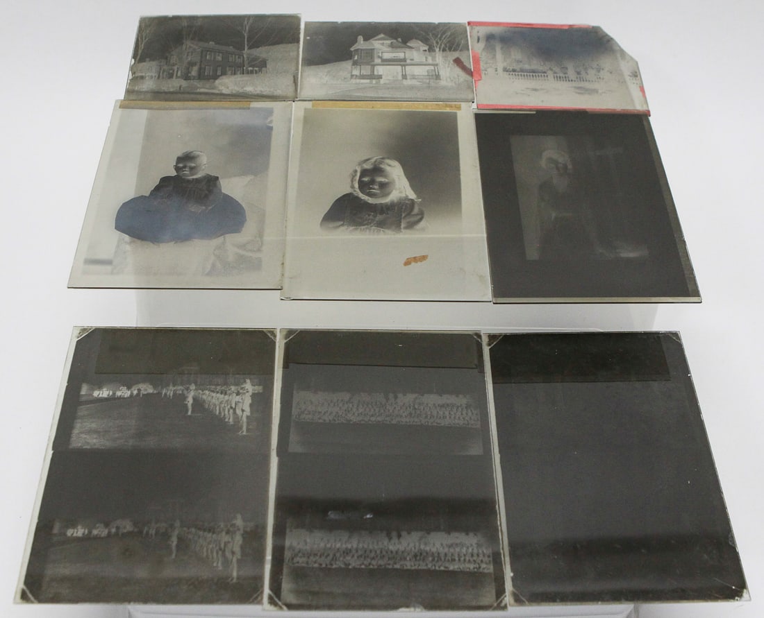 Collection of 9 Antique Glass Plate Photography Negatives: Collection of nine antique glass plate photographic negatives, including three measuring approximately 4 x 5 inches and six measuring approximately 7 x 5 inches. The group features a variety of early