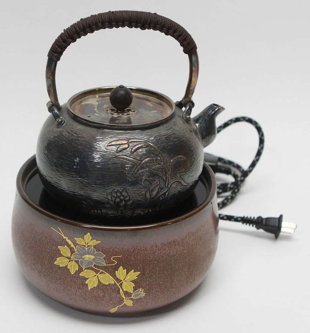 Yingge Wares Japanese Cast Iron Tetsubin Tea Kettle Warmer Set with Box: Fine Yingge Wares Japanese-style cast iron tetsubin tea kettle warmer set, complete with ceramic electric warmer base, cast iron kettle with woven handle, bamboo-form stainless trivet/lifter, original