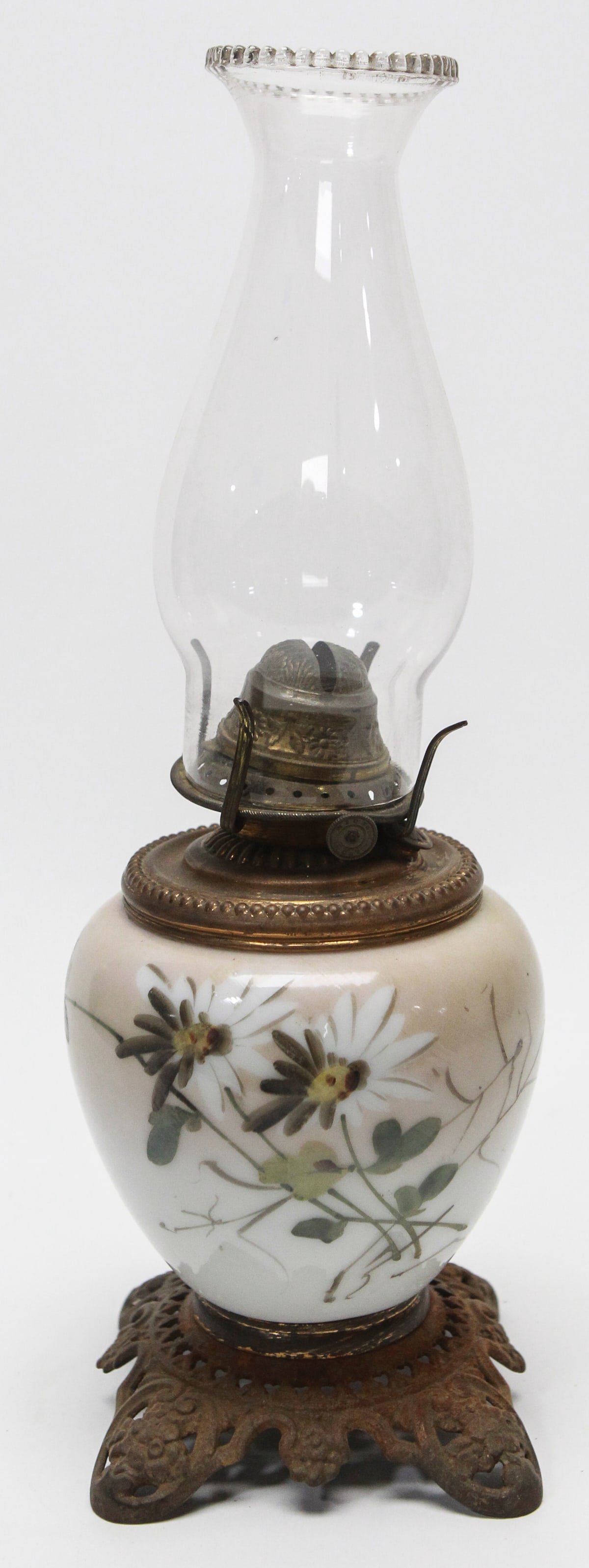Antique kerosene oil lamp featuring a hand-painted white milk glass font decorated with delicate dai (1 of 3)