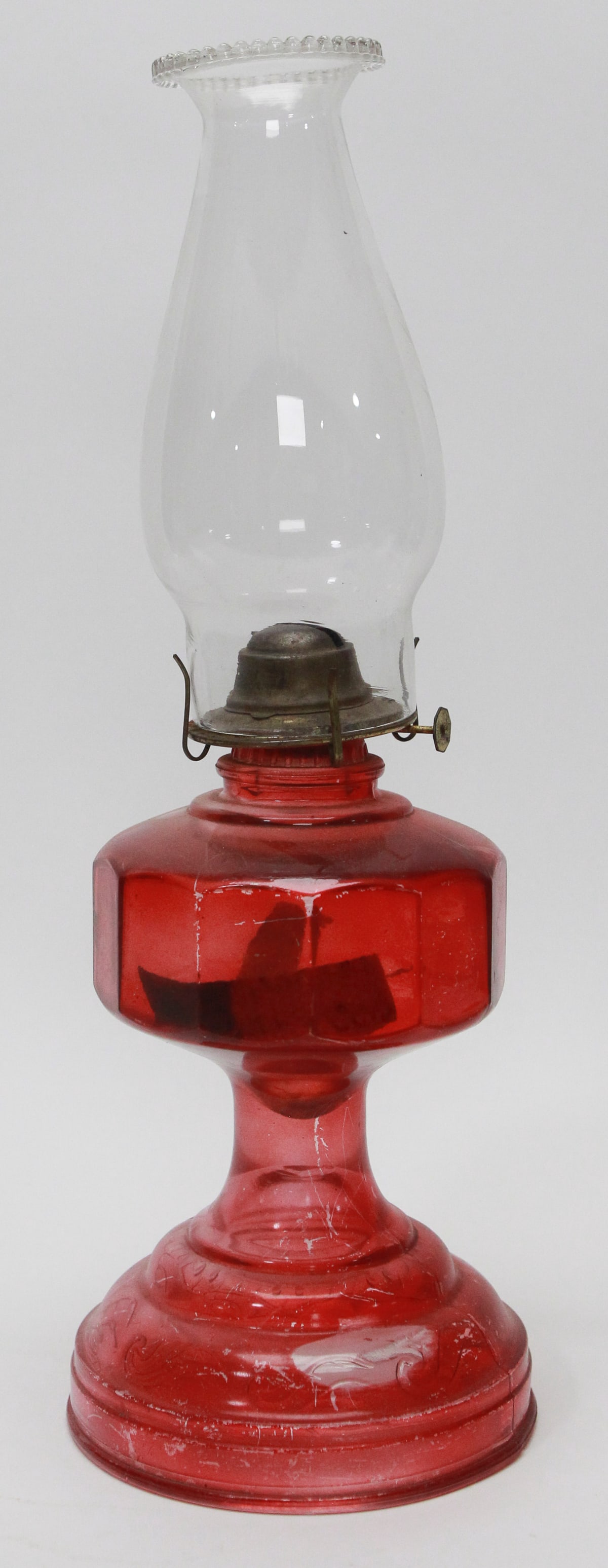 Antique Ruby Red Pressed Glass Kerosene Oil Lamp with Embossed Scroll Decoration (1 of 2)