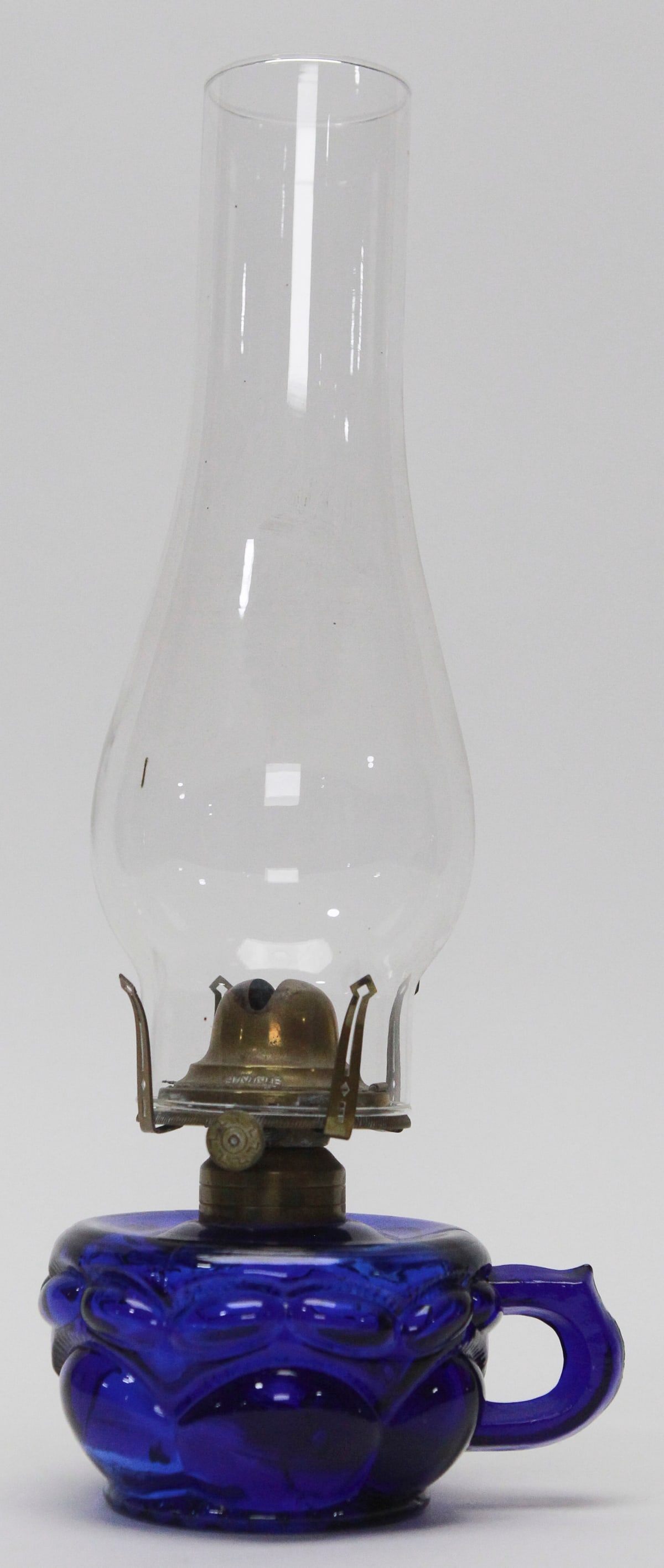 Antique Cobalt Blue Glass Finger Oil Lamp with Clear Chimney (1 of 2)