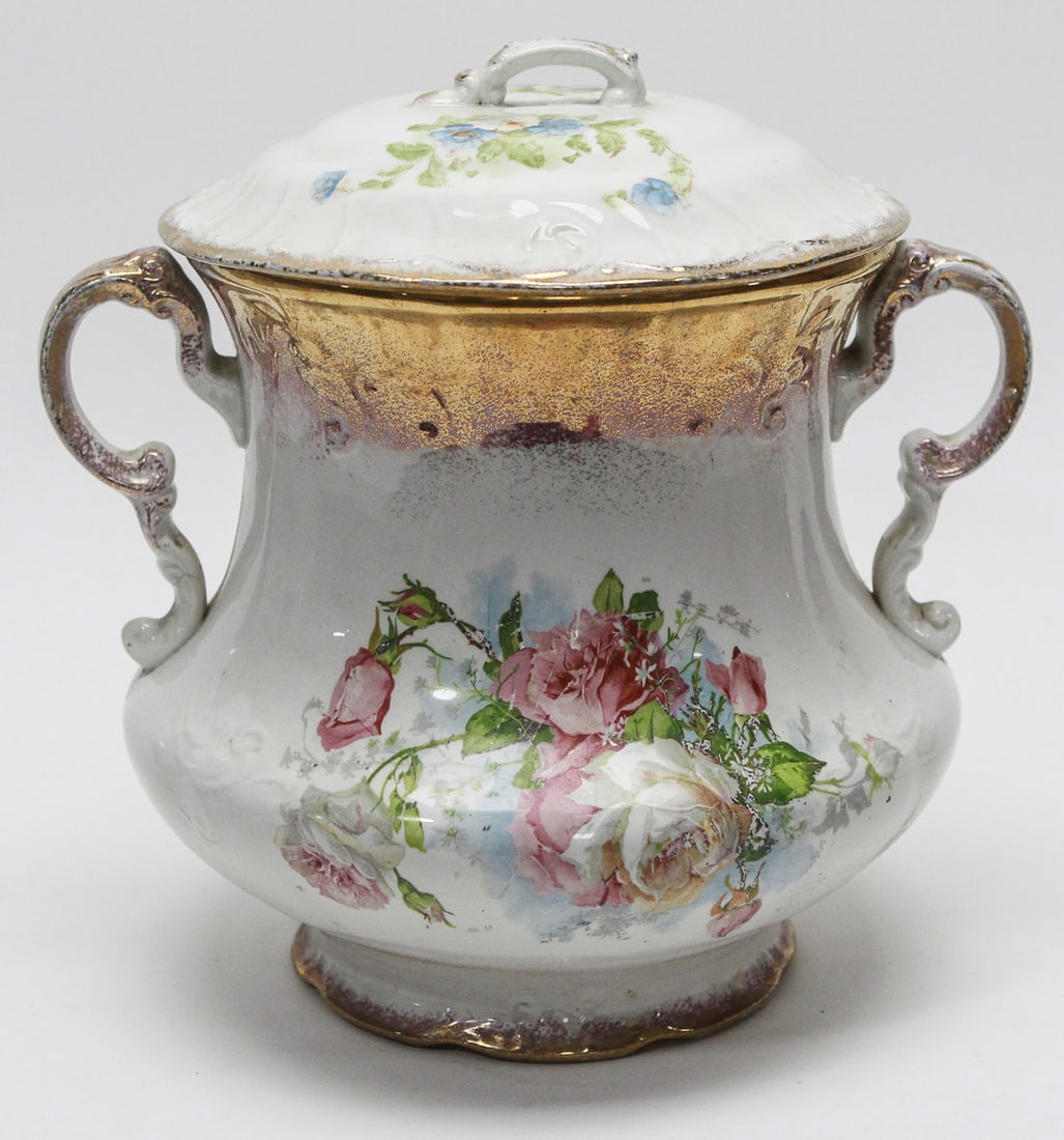 Antique Victorian Porcelain Floral Covered Biscuit Jar with Gilt Decoration: Antique Victorian porcelain covered biscuit jar featuring an elegant bulbous form with ornate scroll handles, a domed lid, and beautiful transfer-decorated floral bouquets in soft pink, white, and blu