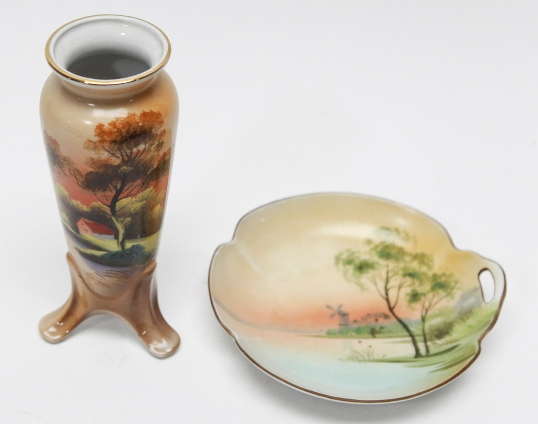 Pair of Hand-Painted Japanese Porcelain Landscape Vase / Serving Bowl (1 of 4)