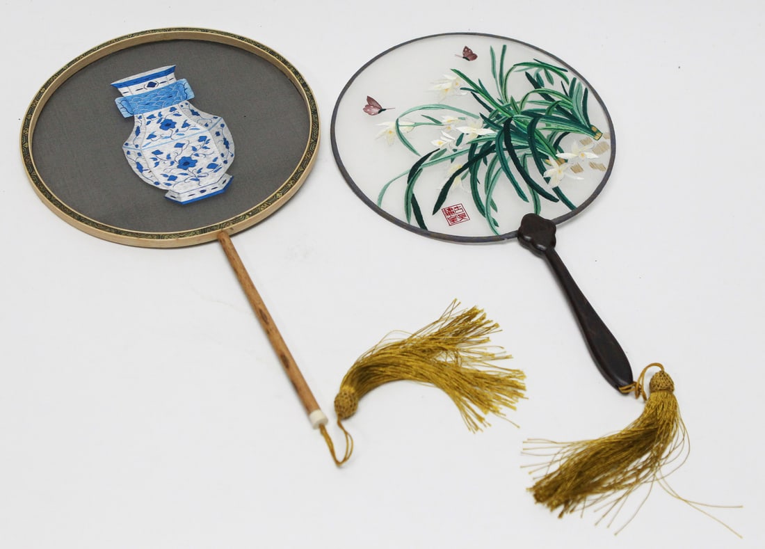 Pair of Vintage Asian Decorative Hand Fans / Embroidered Floral / Vase Motif: Pair of vintage Asian decorative hand fans, including one featuring a beautifully embroidered floral design with butterflies on fine fabric and a carved dark wood handle with gold tassel, and the othe