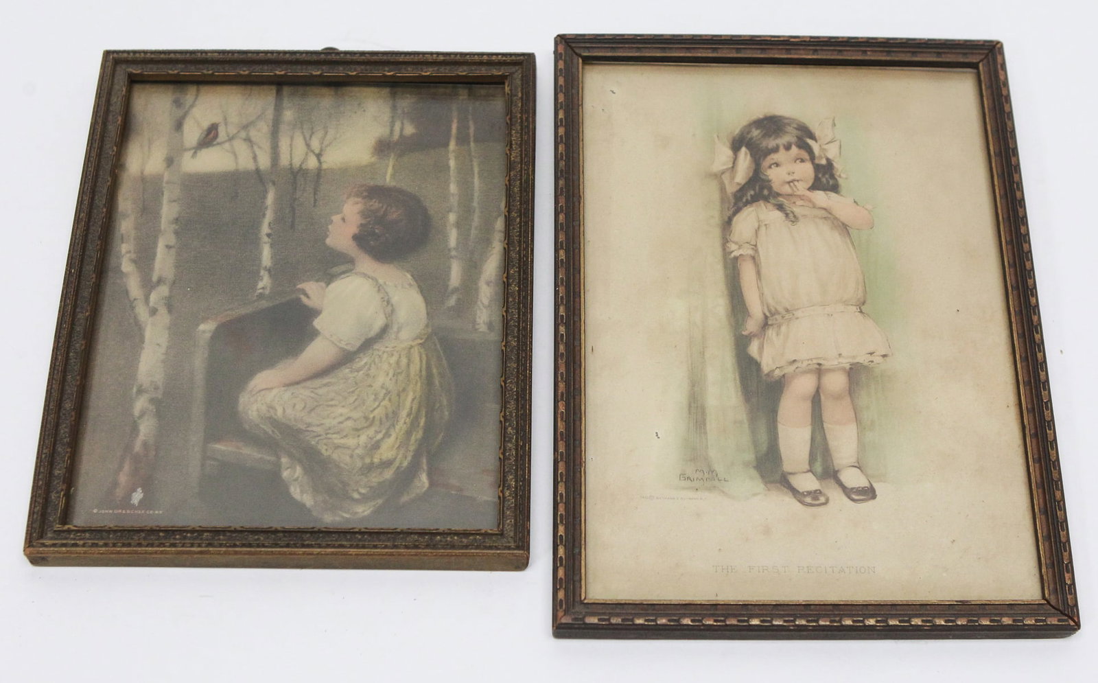Pair of Vintage Framed Child Prints / "The First Recitation" / Girl with Bird (1 of 2)