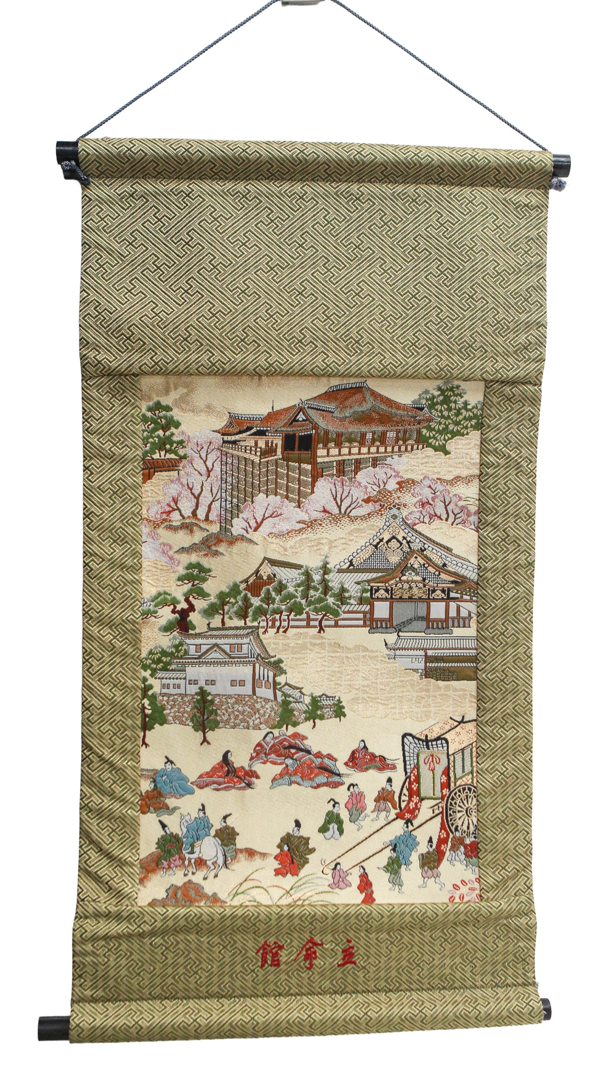 Vintage Japanese Silk Brocade Hanging Scroll: Vintage Japanese decorative hanging scroll featuring an intricate woven silk brocade scene depicting traditional palace architecture, flowering cherry trees, figures in period dress, and a ceremonial 