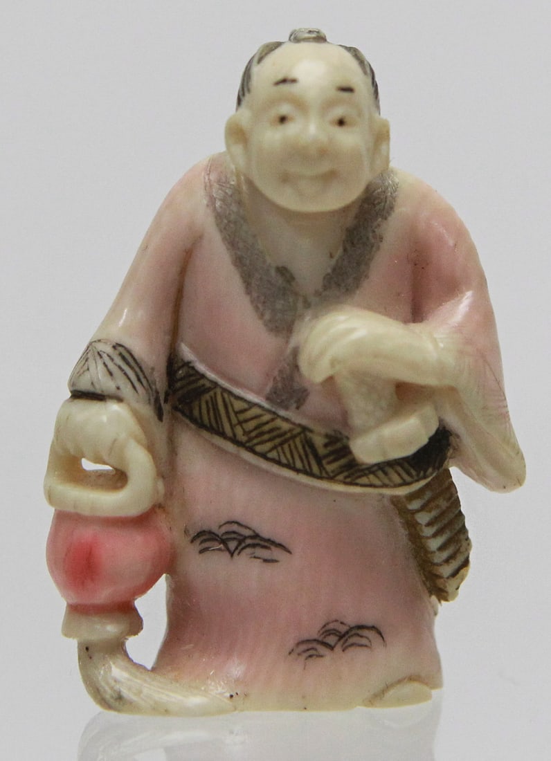 Vintage Japanese Polychrome Carved Netsuke of Standing Figure with Lantern (1 of 5)