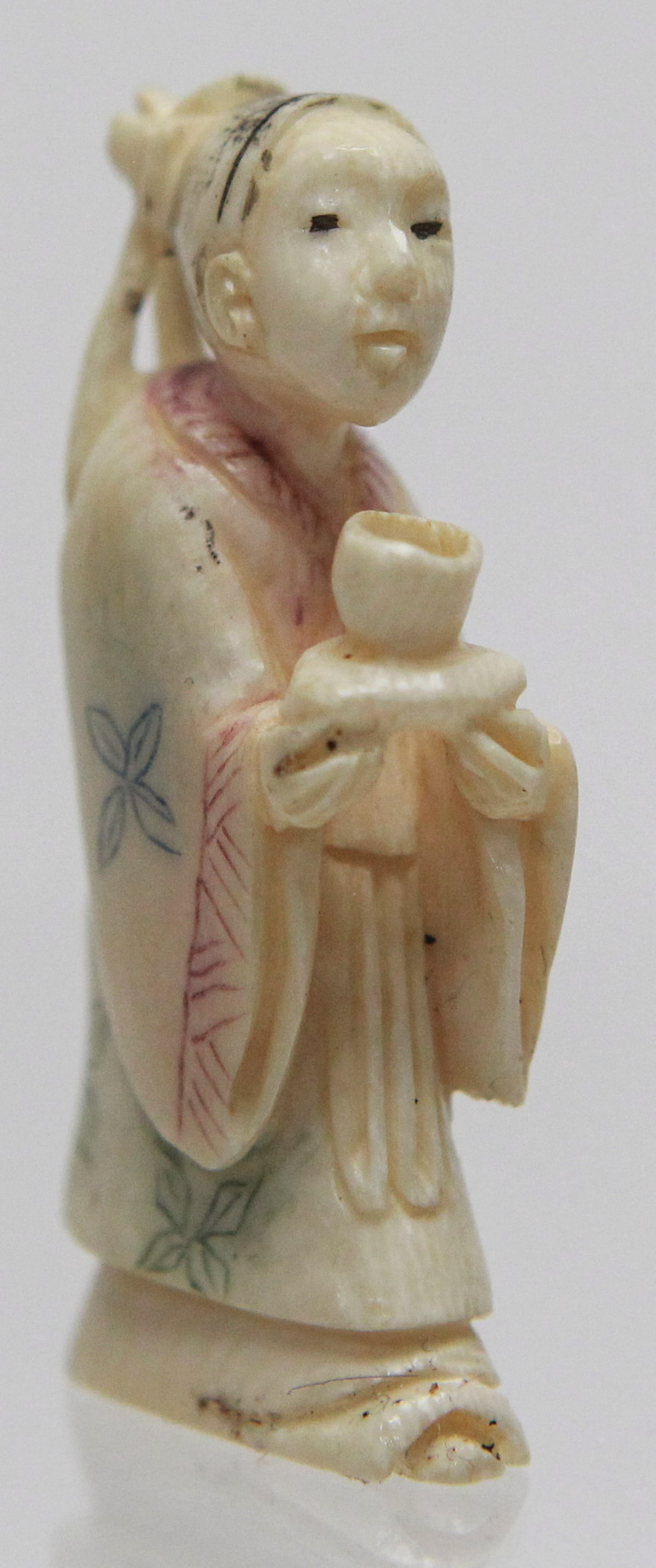 Vintage Japanese Polychrome Carved Netsuke of Woman Holding a Cup (1 of 5)