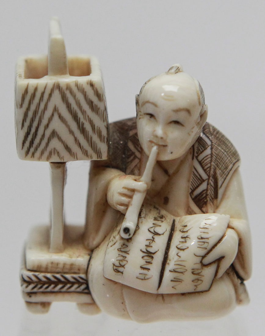 Vintage Japanese Carved Scholar Reading Scroll Netsuke with Book Stand (1 of 6)