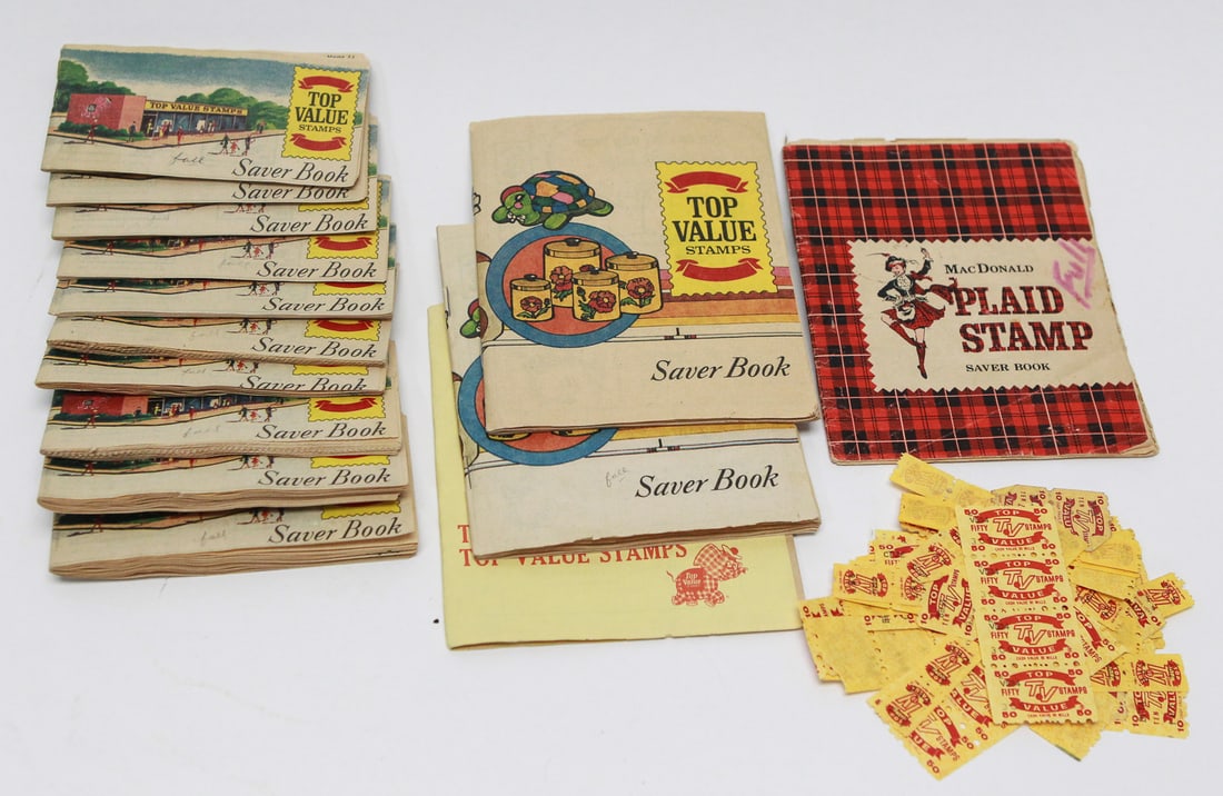 Top Value & MacDonald Plaid Saver Stamp Books with Loose Trading Stamps: Collection of vintage Top Value and MacDonald Plaid saver books accompanied by loose trading stamps. The lot includes numerous partially filled and unused saver books featuring colorful mid-century