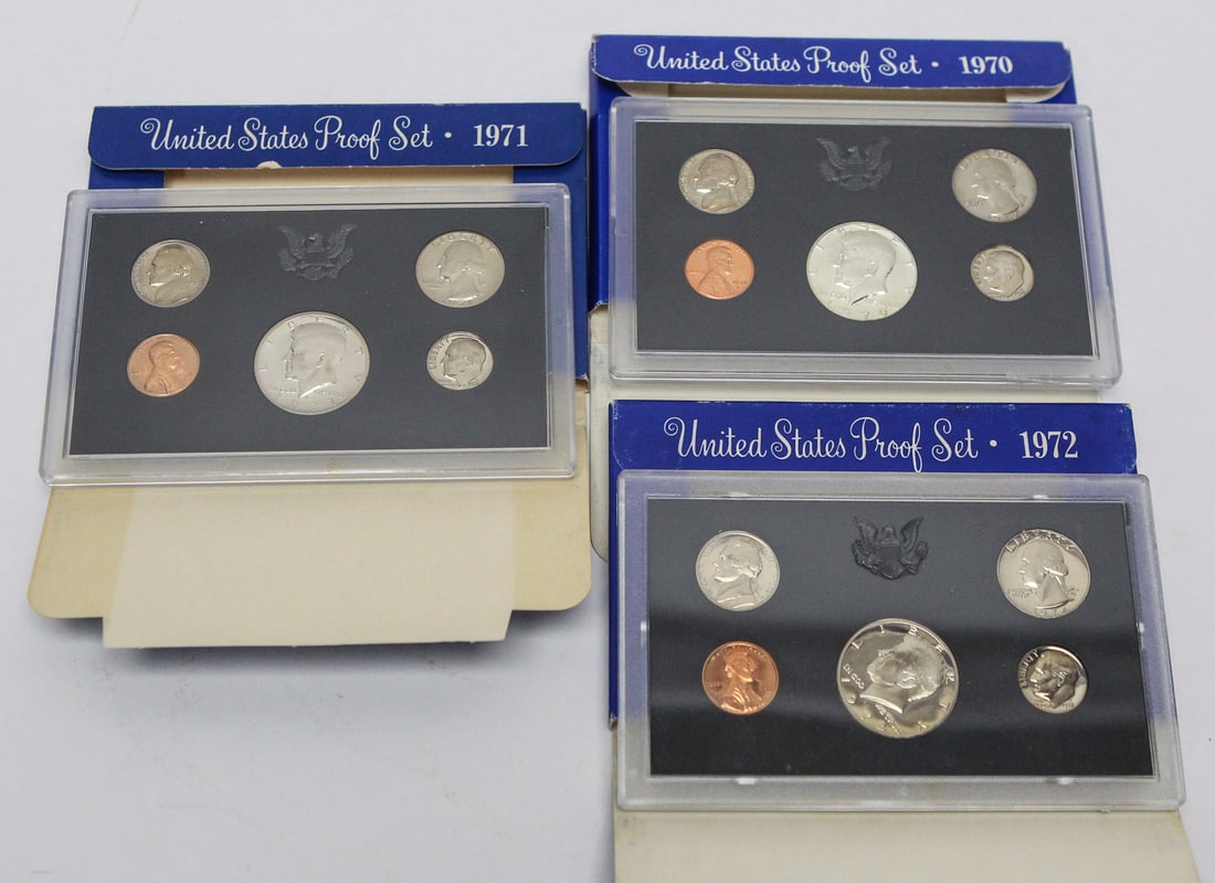 Lot of Three United States Mint Proof Sets – 1970, 1971, 1972 with Original Packaging (1 of 2)