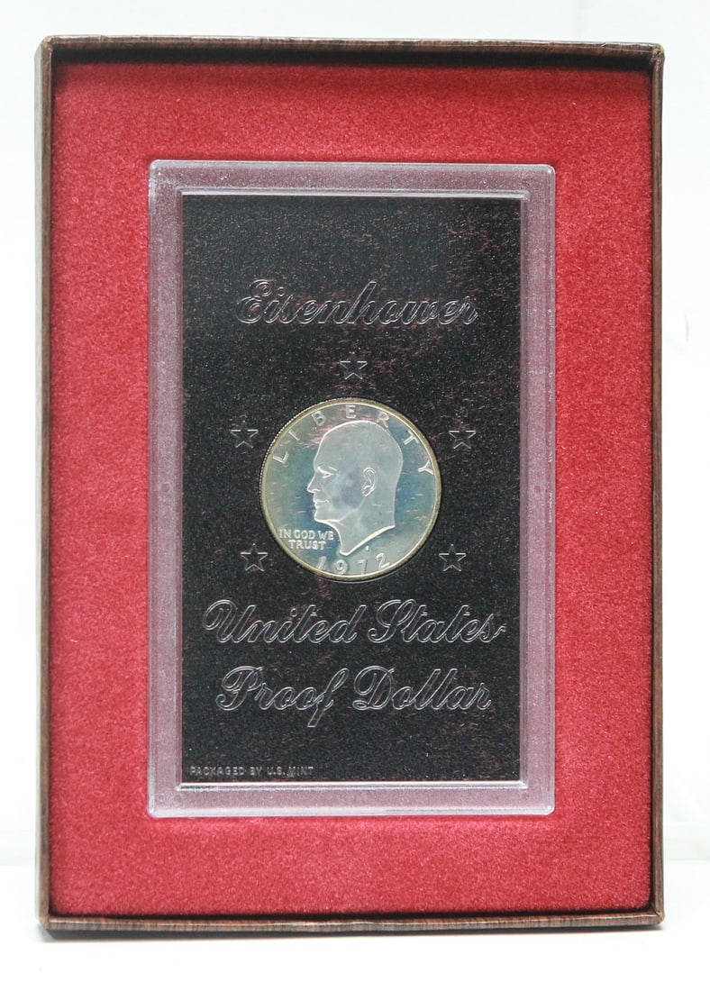 1972 Eisenhower United States Proof Dollar in Original Government Presentation Box: Original 1972 United States Proof Eisenhower Dollar housed in its original U.S. Mint hard plastic holder with black insert and complete government presentation box featuring a faux wood finish and