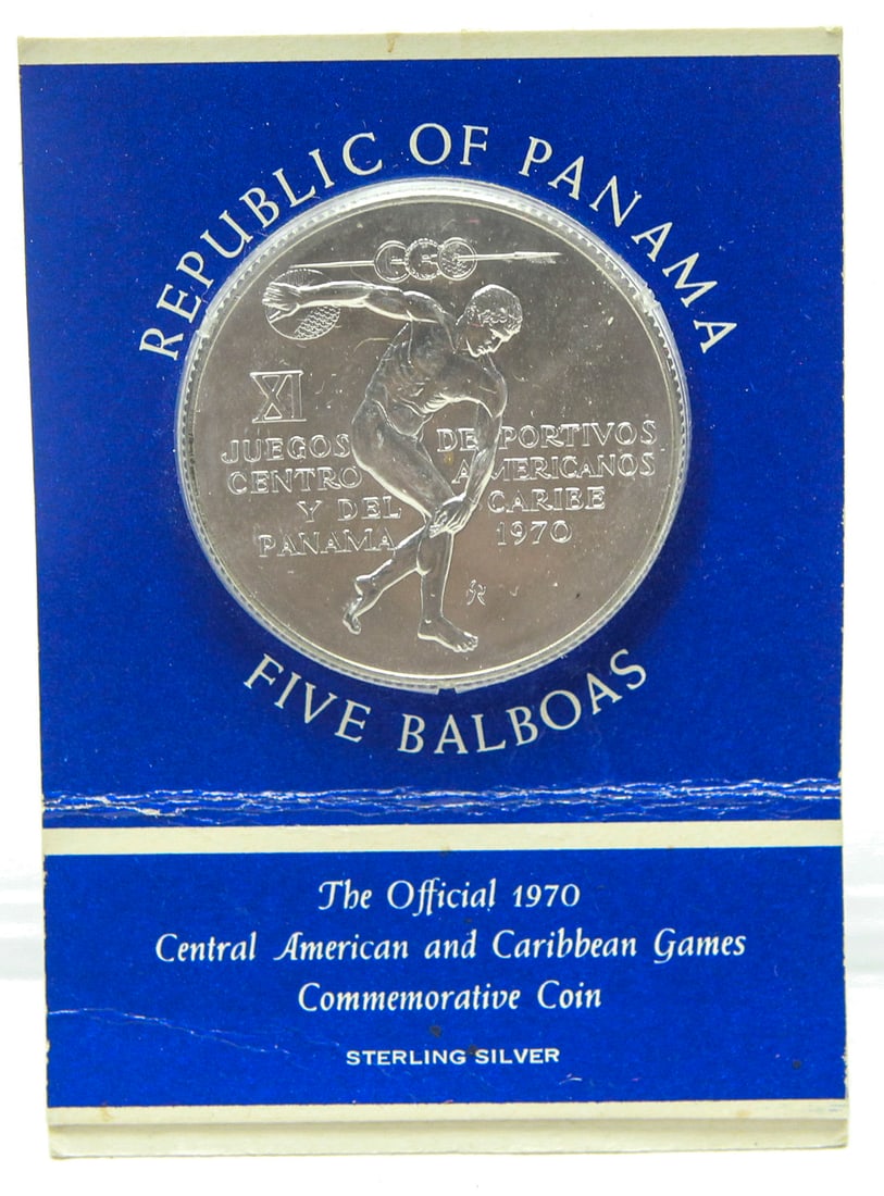 1970 Republic of Panama Five Balboas Sterling Silver: 1970 Republic of Panama Five Balboas sterling silver commemorative coin issued for the XI Central American and Caribbean Games held in Panama. This official commemorative features a discus thrower on