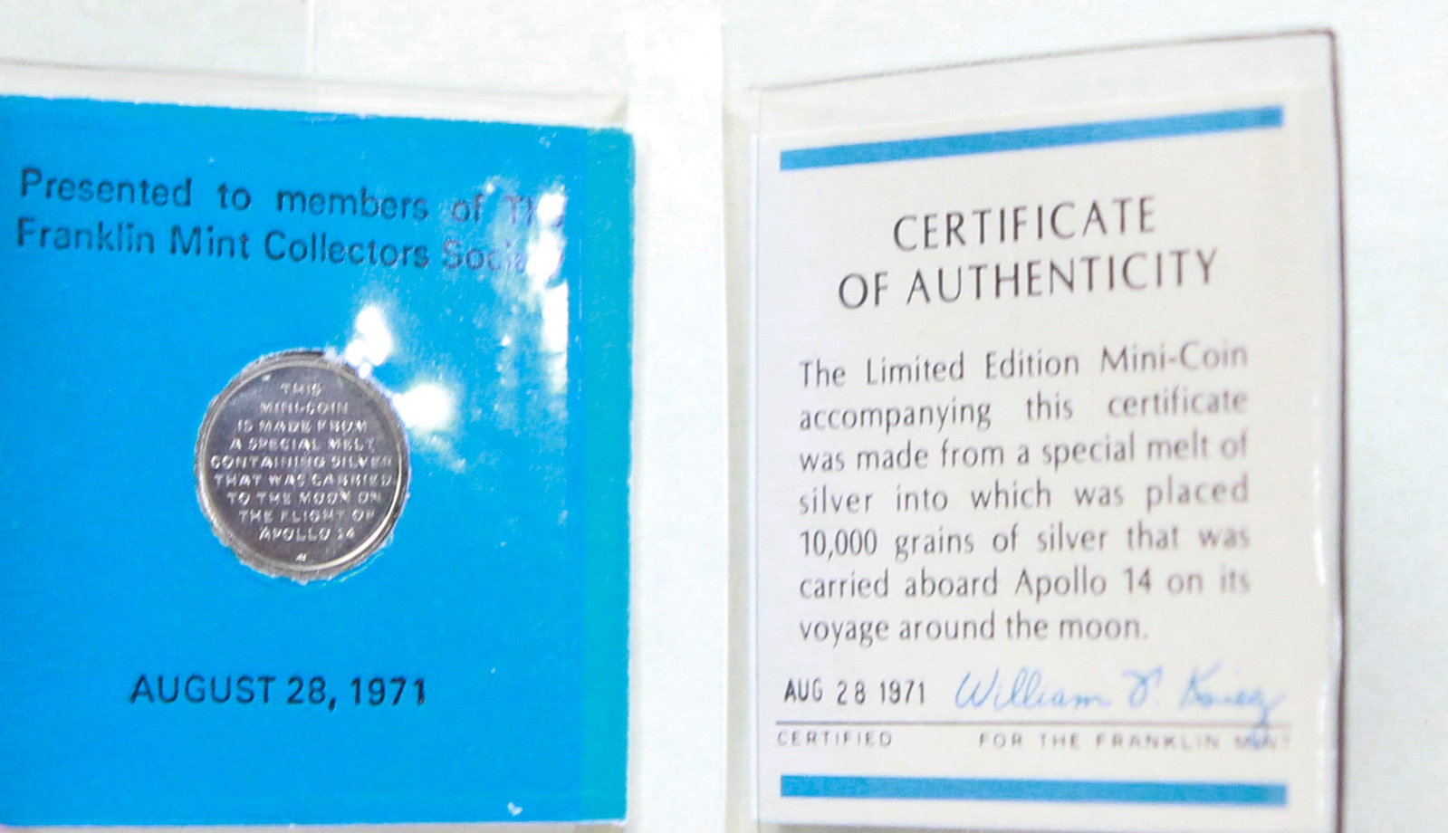 1971 Franklin Mint Apollo 14 Flown Silver Mini Coin with Certificate of Authenticity (1 of 2)