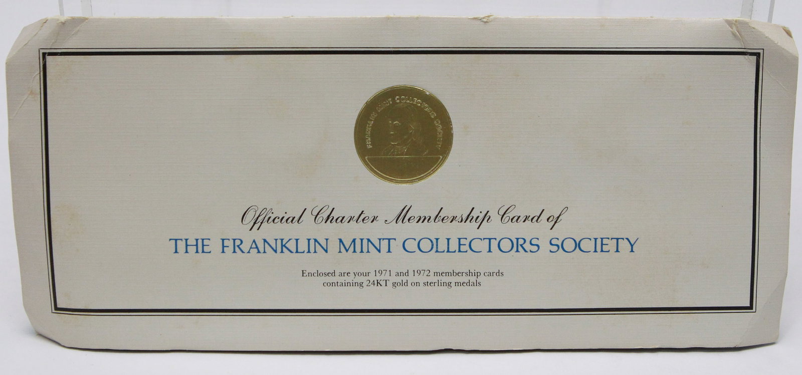 1971 / 1972 Franklin Mint Collectors Medals: Original Franklin Mint Collectors Society presentation set containing two Official Charter Membership Cards for the 1971 and 1972 membership years, housed in the original blue presentation folder. Eac