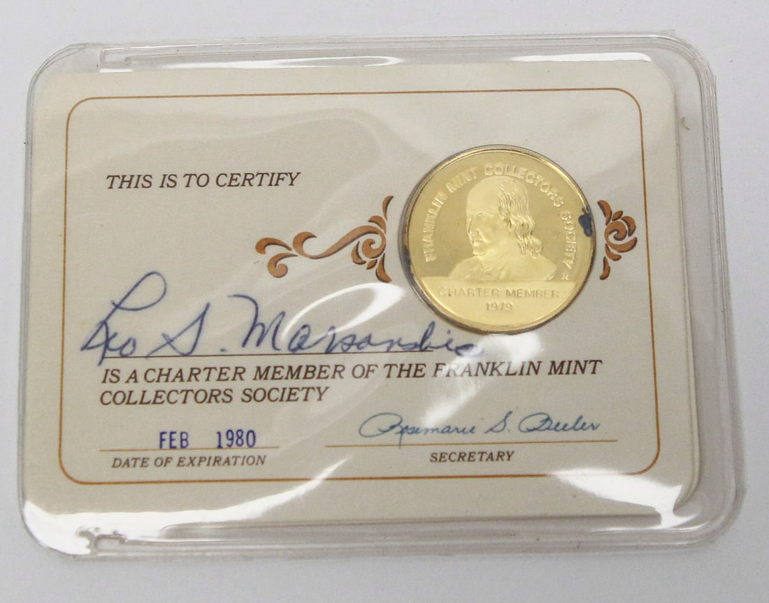 Franklin Mint 1979 Charter Membership Card w/ 24KT Gold Sterling Medal: Original 1979 Franklin Mint Collectors Society Official Charter Membership Card featuring a 24KT gold on sterling silver Charter Member medal securely housed in its original clear protective case. The