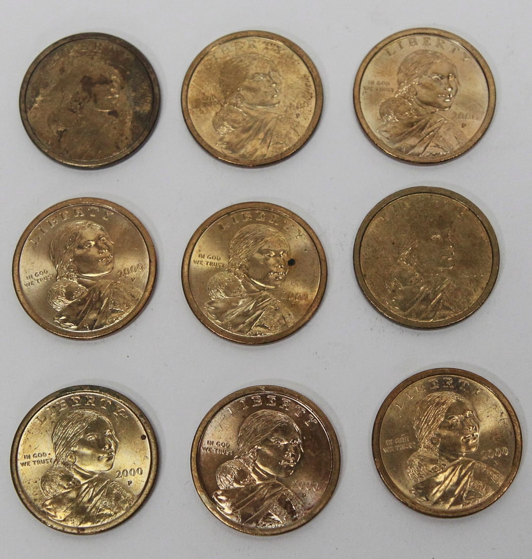 Lot of 9 Sacagawea Dollar Coins (2000): Lot of nine U.S. Sacagawea Golden Dollar coins, all dated 2000, with a mix of Philadelphia (P) and Denver (D) mint marks. Coins show light to moderate circulation wear with some toning and surface