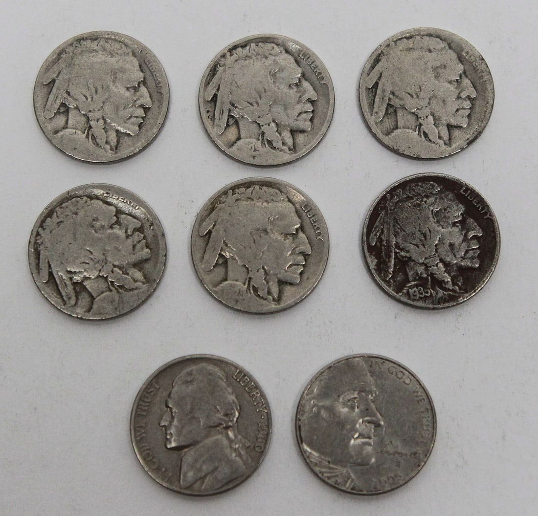 Lot of 8 Buffalo & Jefferson Nickels: Lot of eight U.S. five-cent coins including six Buffalo (Indian Head) nickels and two Jefferson nickels. The Buffalo nickels show heavy circulation wear, with several dates partially or fully worn, wh