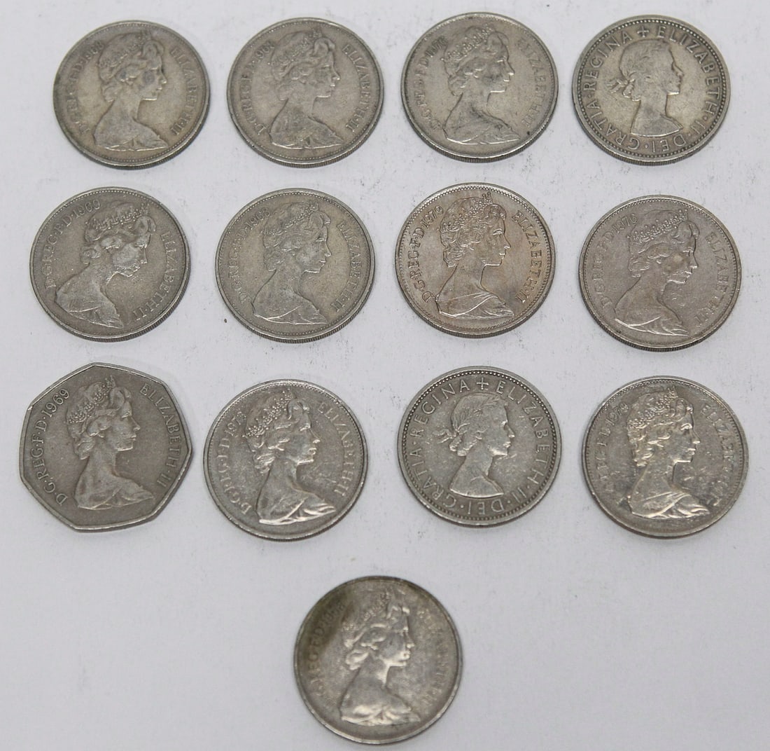 Lot of 13 Great Britain Coins – 10 New Pence, 2 Shillings & 50 New Pence (1 of 2)