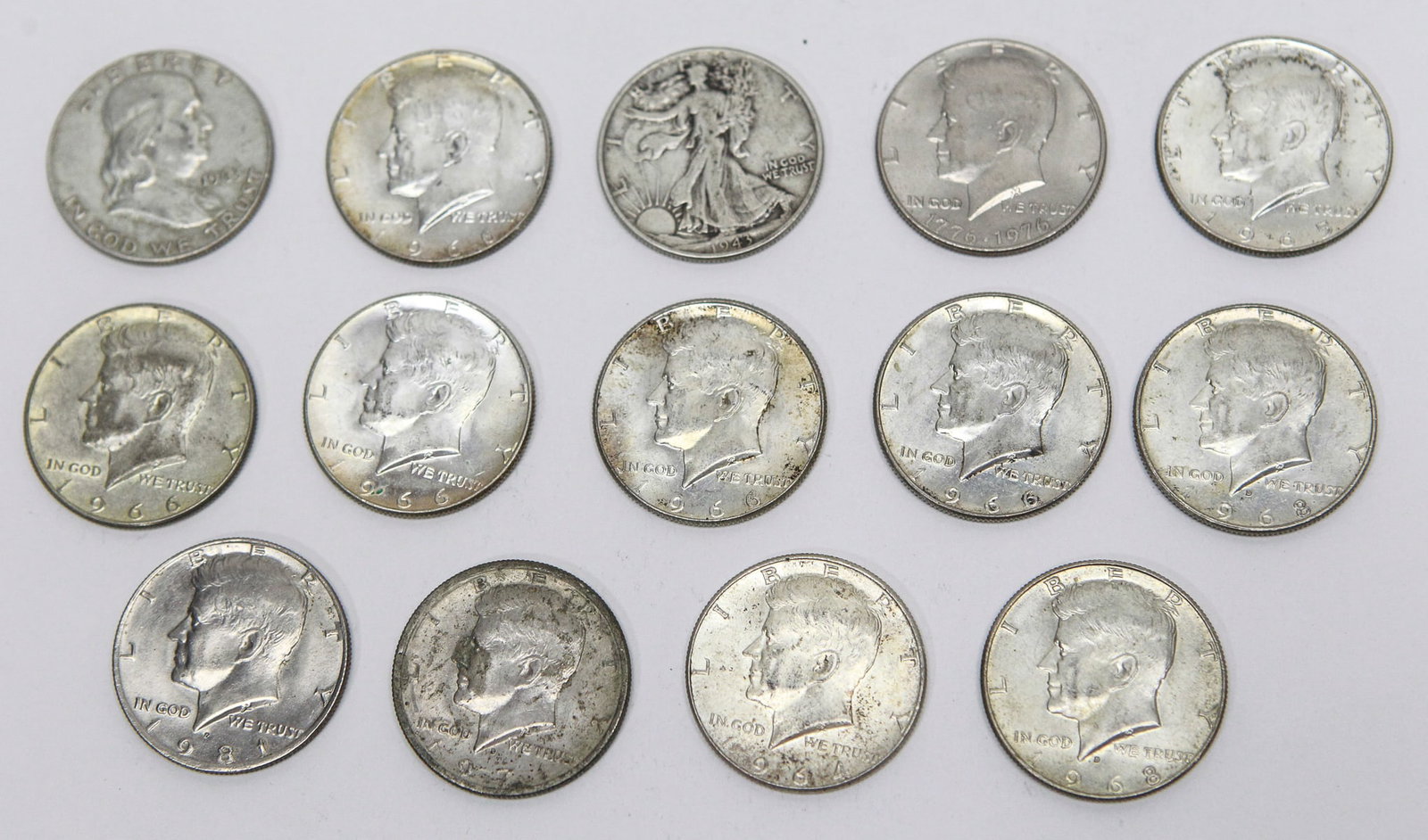 Lot of 14 U.S. Half Dollar Coins Including Kennedy, Franklin & Walking Liberty (1 of 2)